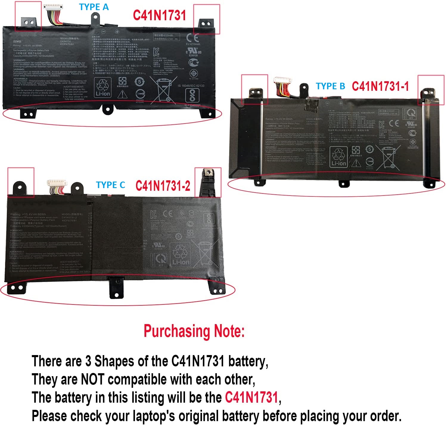 Pin Laptop Asus Rog Strix Gl504gm Gl504gw Gl504gs G515gv Gl704gm, Rog Strix G512l G531v G531t G531g G712l G731g C41n1731-2 (Type C) 3 Pát Ốc Dài (Zin) – 4 Cell